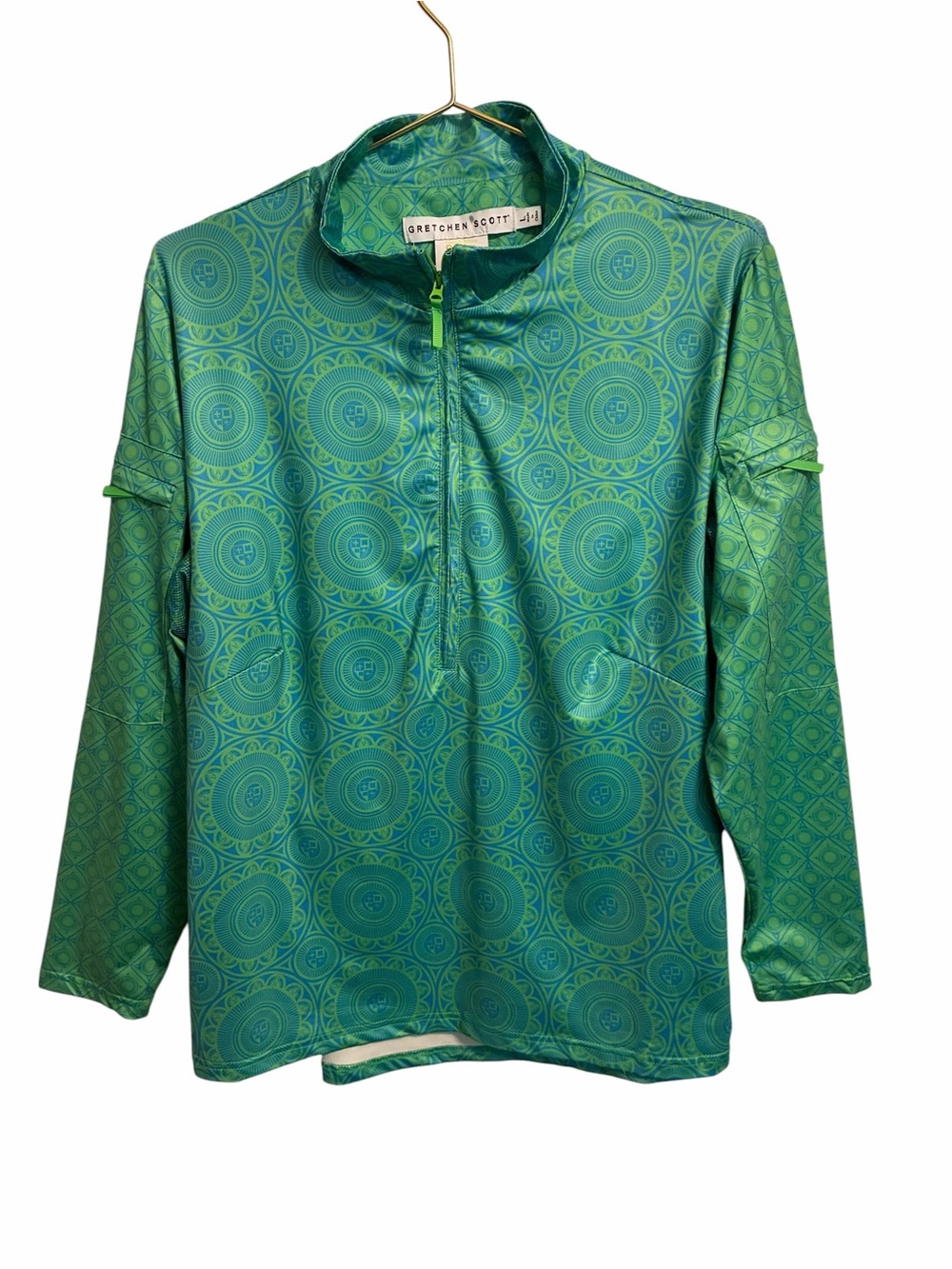 Gretchen Scott Green Turquoise Medallion Quarter Zip Active Pullover Top Large - Picture 2 of 7